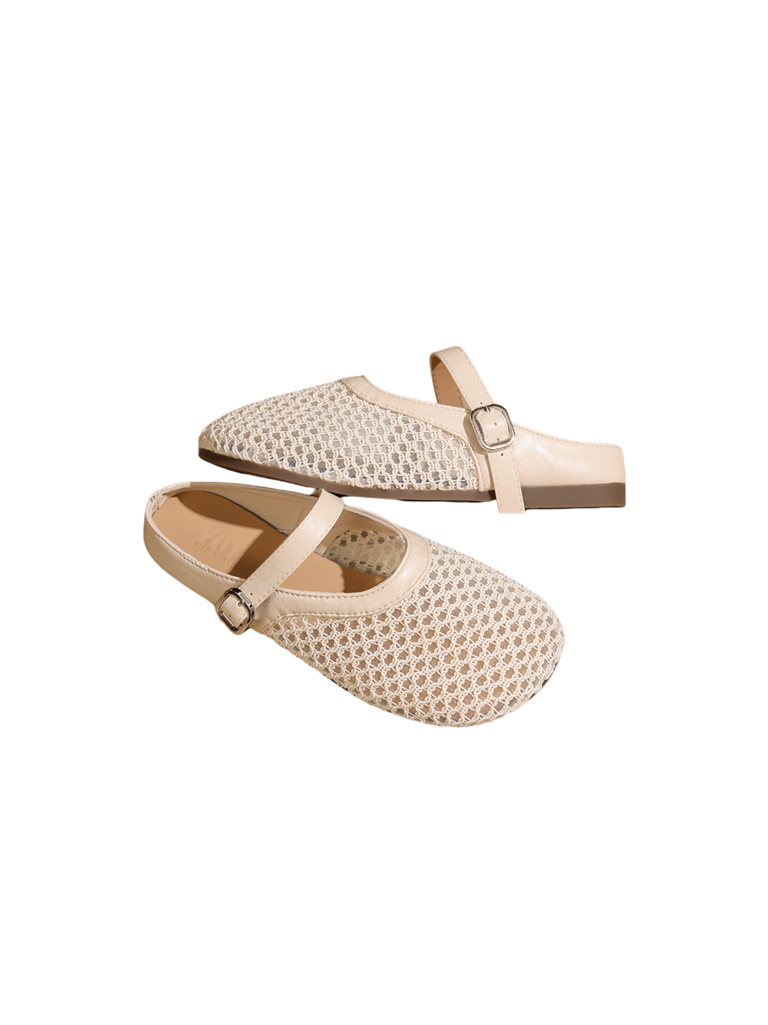 Ease Mule Contemporary Mary Jane Mesh Flats- Beige